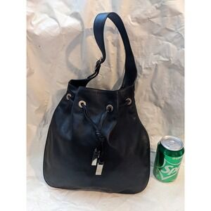 GUCCI Black Leather Nylon Drawstring Shoulder Bag  Black 001 4030 02058
